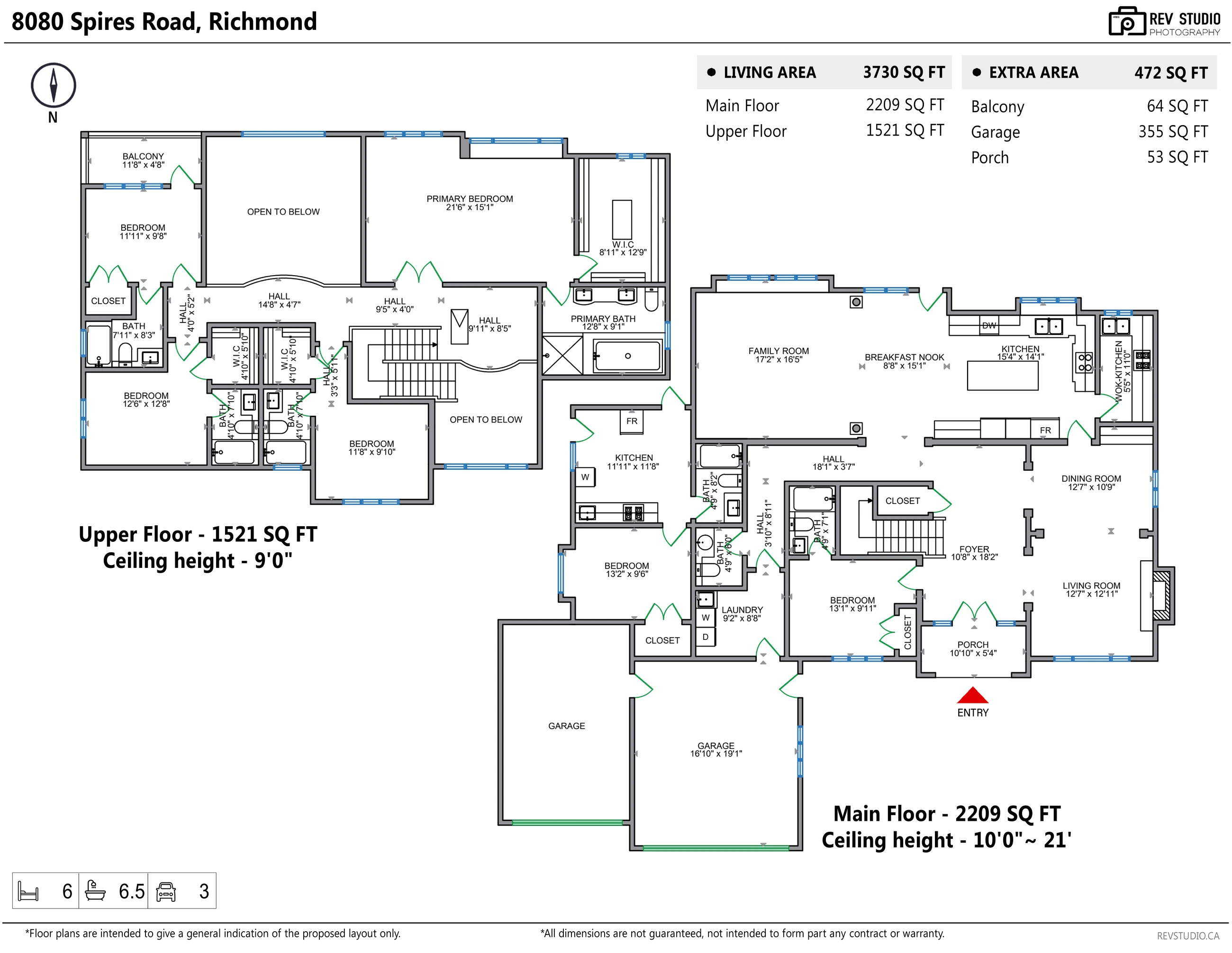 Floor plan of 8080 Spires Road: the upper floor with the primary bedroom, its bathroom and walk-in closet, three bedrooms, three bathrooms and a balcony; the main floor with foyer, living room, dining room, family room, breakfast nook, kitchen, wok kitchen, a bedroom and bathroom, laundry, and a wing with a second kitchen, bedroom and two bathrooms; and the two garages
